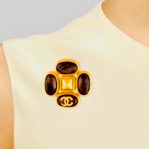 Chanel Vintage 97A Brown Stone CC Logo Cross Brooch - Picture 8 of 8